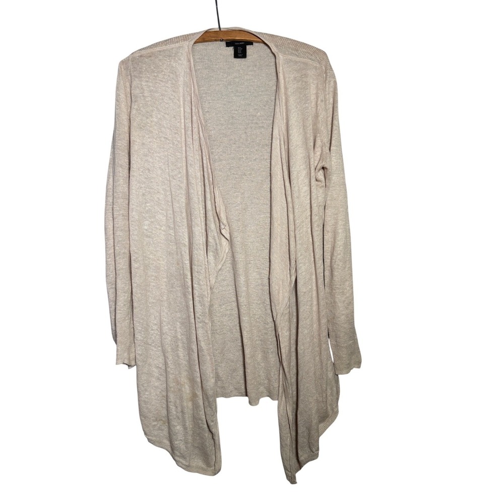 Tahari Women S Beige 100% Linen Open Front Waterfall Cardigan Sweater Breathable